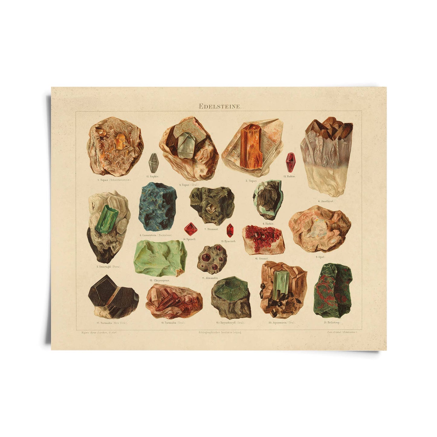 Vintage Natural History Minerals and Gemstones German Print